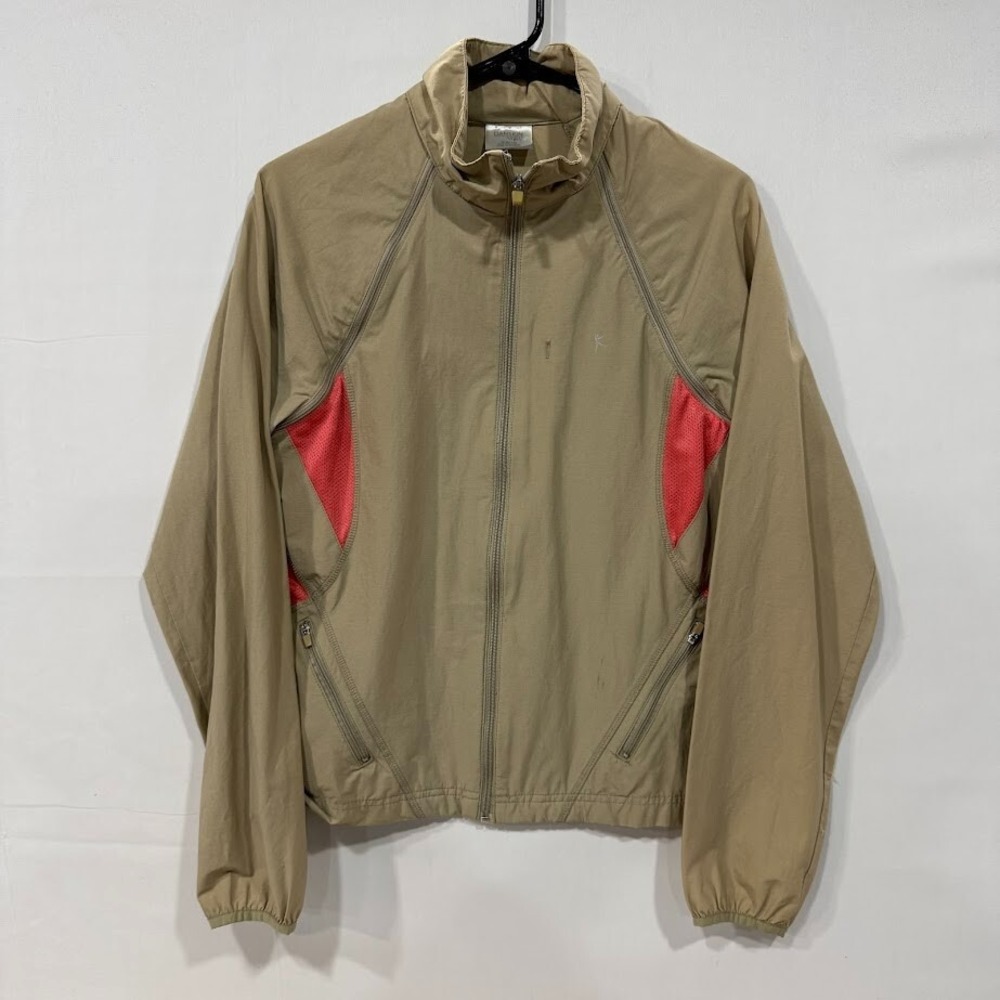 Danskin Now Windbreaker Jacket Womens M Tan‎ Red Mesh Panels Full Zip
